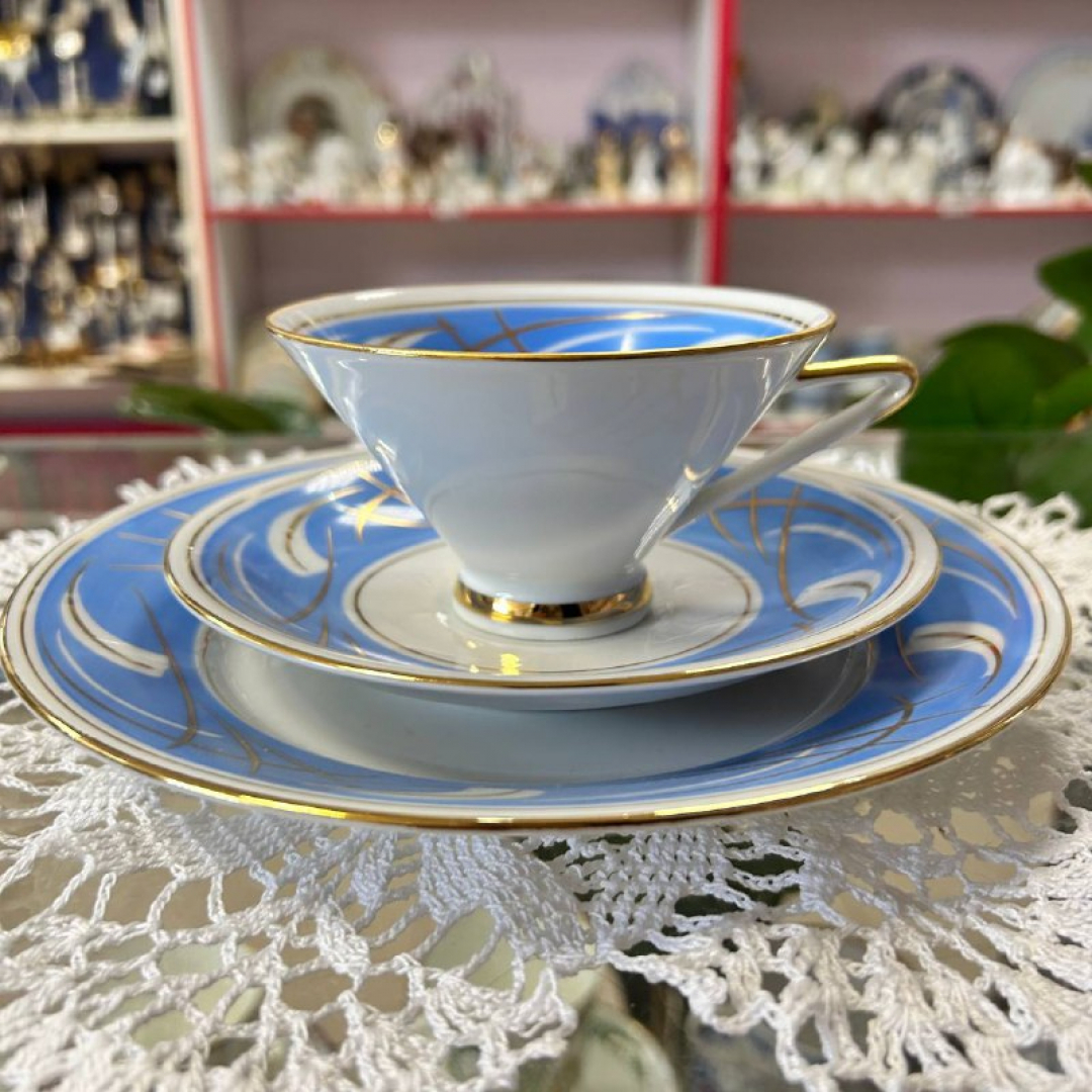 Чайное трио Fortuna Eisenberg Germany. Фарфор, деколь, позолота. Винтаж. Дефект. Картинка 6